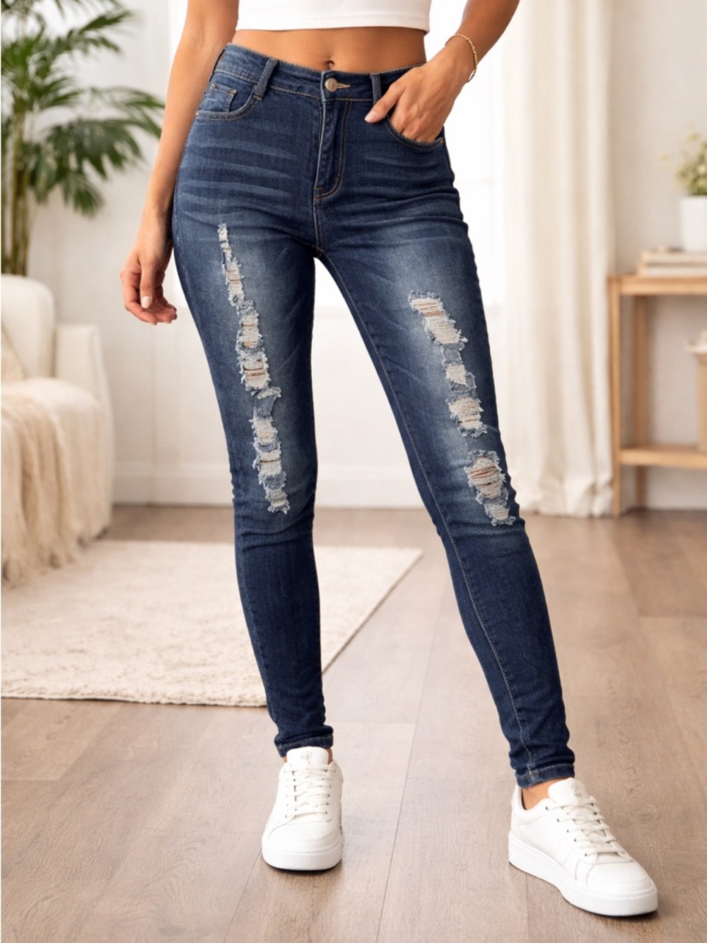 Distressed Skinny Jeans Dark Wash Stretch Mid-rise Ripped Denim Size 28 NWOT